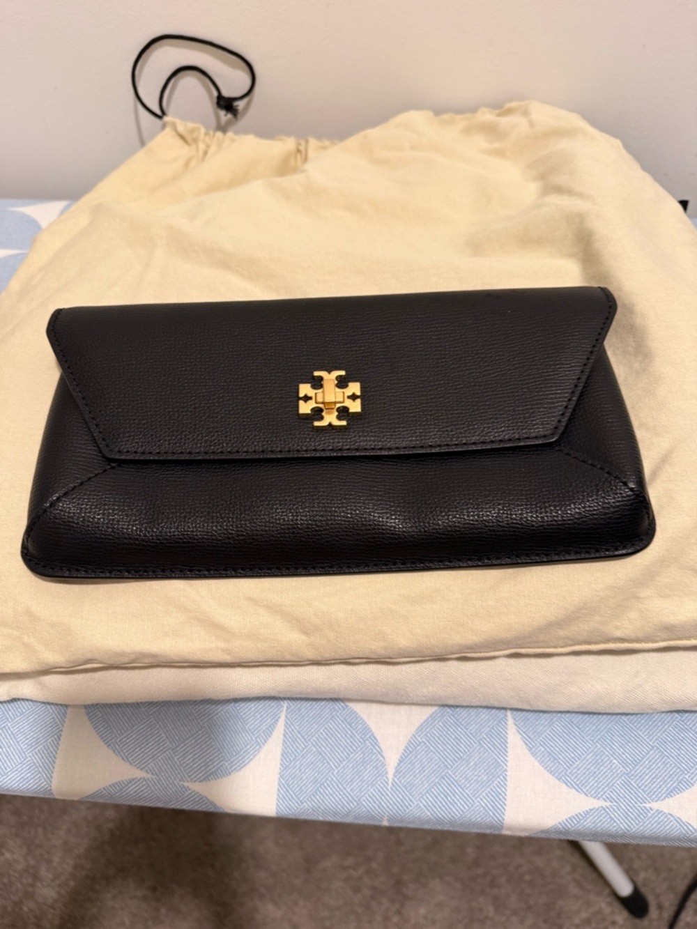 Tory Burch Black Leather Envelope Clutch with Gold Emblem